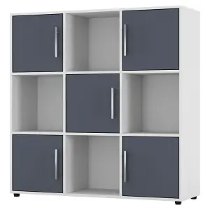 URBNLIVING 91cm Height 9 Cube Bookcase White Wood Grey Door Metal Handle Display Storage Shelf