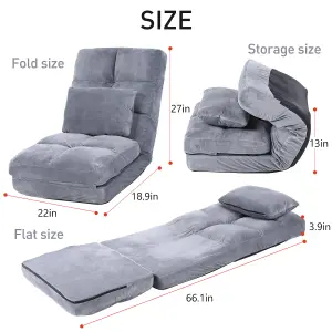 Folding Floor Sofa Chair 14 Angles Adjustable Chair Bed Lazy Floor Chaise Lounge Sofa Seat with Pillow FULLY ASSEMBLY (Gray)