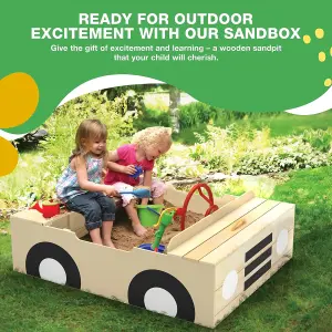 Sandpit - Wooden Car Sand Pit - With Steering Wheel, Weatherproof Cover and Secured Underlay