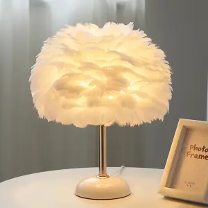 White Ceramic Feather Bedroom Bedside Table Lamp with LED Light 30cm x 37cm