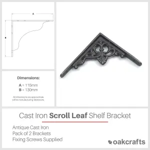 Oakcrafts - Pair of Antique Cast Iron Scroll Leaf Shelf Brackets - 115mm x 130mm