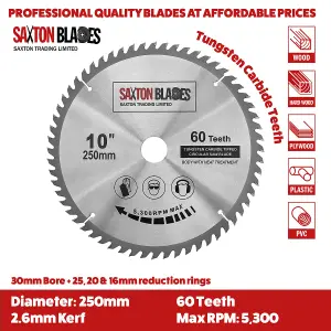 Saxton TCT25060T TCT Circular Saw Blade 250mm x 60T x 30mm Bore + 16, 20 and 25mm Reduction Rings