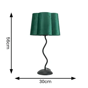 ValueLights Wiggle Black Metal Single Stem Table Lamp with Forest Green Velvet Scallop Lamp Shade and LED Bulb