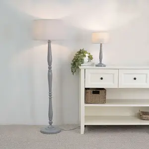 ValueLights Victoria Traditional Grey Wood Candlestick Table Lamp with Grey Drum Shade