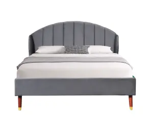 Comfy Living Winged Plush Velvet Fabric  Bed Frame with Curved Headboard 4ft6 Double Grey