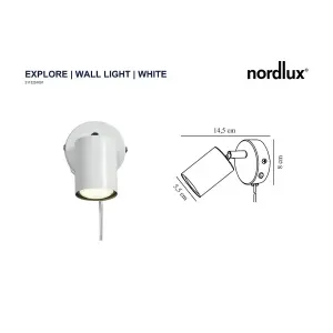 Nordlux Explore Indoor Bedroom Living Dining Office Wall Light with Adjustable Lamp Head in White (Diam) 5.5cm