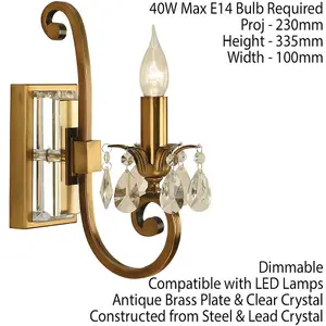 Esher Luxury Single Curved Arm Traditional Wall Light Antique Brass Crystal Drop