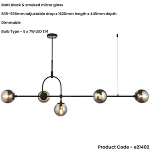 Hanging Ceiling Bar Pendant Light - 5x Grey Tinted Glass Shades - Matt Black Linear Lamp