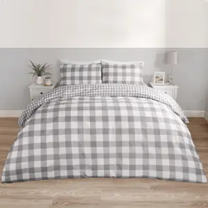 Gingham Duvet Cover Reversible Bedding Set, Grey - King