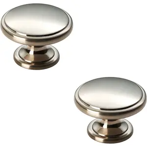 2x Ring Domed Cupboard Door Knob 38.5mm Diameter Satin Nickel Cabinet Handle