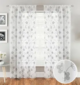 Pair of Sienna Grey Floral Paste Print Patterned Voile Panels with Rod Pocket Header 122 CM