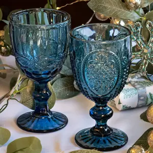 Set of 4 Vintage Luxury Blue Drinking Wine Glass Wine Goblets 310ml