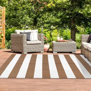 Extra Large Garden Outdoor Rug For Patio, Taupe & White Line Waterproof Garden Rug 180 x 270cm