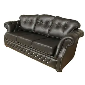 Chesterfield 3 Seater Crystal Black Leather Sofa Settee Bespoke In Era Style