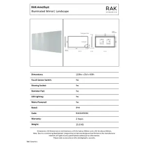 RAK Amethyst 1200x600mm Silvery White Square with Touch Sensor Illuminated Mirror IP44