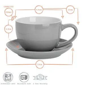 Argon Tableware - Coloured Cappuccino Cup & Saucer Set - 250ml - 12pc - Grey/Yellow