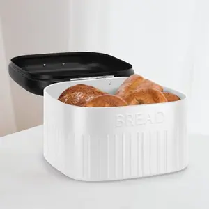 EHC Large Metal Bread Box Bin, Kitchen Storage Box For Countertop With Hinged Lid, Black & White