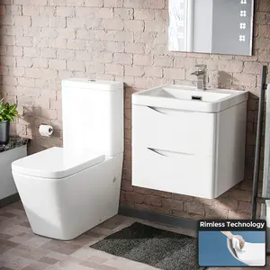 Nes Home Merton 500mm White Wall Hung Vanity Basin Unit & Square Rimless Toilet