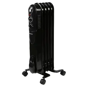 EMtronics 5 Fin Oil Filled Portable Heater Radiator with Thermostat - Black