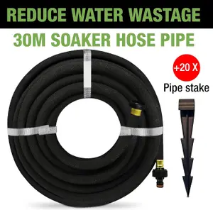 Aqua Drop Soaker Garden Hose-30m Flexible Hose Pipe-Premium Recycled Rubber Irrigation Pipe with 20 Soaker Hose Pegs