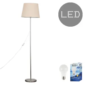 ValueLights Modern Standard Floor Lamp In Brushed Chrome Metal Finish With Beige Tapered Shade With 6w LED GLS Bulb In Warm White