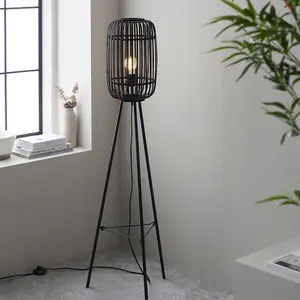 Luminosa Mathias Base & Shade Floor Lamp, Dark Bamboo, Plywood With Matt Black Paint