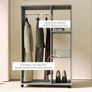 HOMCOM Rolling Open Wardrobe Hanging Rail Storage Shelves for Clothes, Grey