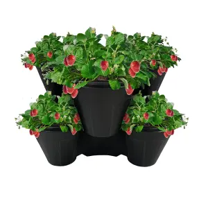 Trio Stackable Stacking Strawberry Planter Plant Flower Pot Herb Garden - Black