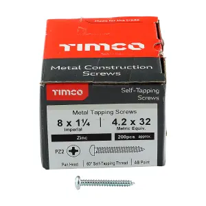 Timco - Self-Tapping Screws - PZ - Pan - Zinc (Size 8 x 1 1/4 - 200 Pieces)