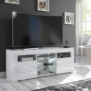 Furneo White TV Stand 120cm Unit Cabinet Matt & High Gloss Puzzo White LED Lights