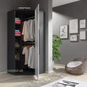 Furneo Modern White High Gloss & Matt Graphite Corner Wardrobe Bedroom Closet Storage With LED Light Clifton 14G