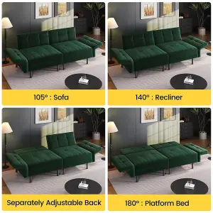 Yaheetech 2 Seater Velvet Convertible Sofa Bed with 4 Pillows - Green