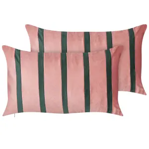 Set of 2 Cushions CRODYLINE Velvet 35 x 60 cm Striped Pink