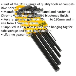 9 Piece Long Hex Key Set - 75-180mm Length - 1.5mm to 10mm Size - Hardened Steel