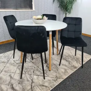 Dining Table Set Of 4 Round White Dining Table And 4 Black Velvet Tufted Chairs For Kitchen Room Dining Room