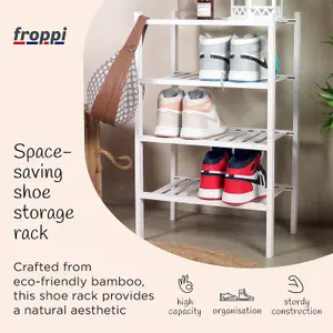 Froppi™ 4 Tier Shoe Rack for Shoe Storage, White Bamboo Wooden Space Saving Rack, Shoe Organizer Shelf L45.2 W29.5 H72.4 cm