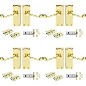 4 PACK - Victorian Scroll Door Handle & Latch Pack Set- Electro Brassed Lever on Plate Kit