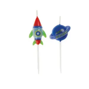 Unique Party Planet & Rocket Birthday Pick Candles (Pack of 6) Multicoloured (One Size)