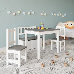 URBNLIVING 53cm Height Wooden Children's Kids Toddlers Table, 2 Chairs & Toy Storage Bench Activity Set White & Grey