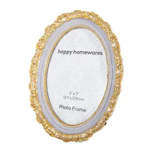 Vintage and Traditional Painted Grey and Brushed Gold Resin Oval 5x7 Photo Frame