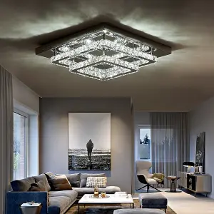 Modern 50cm Double Tiers Square Crystal LED Flush Mount Cool White Ceiling Light Fixture Chandelier