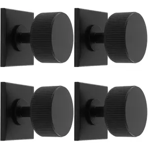 4 PACK - Reeded Radio Cabinet Door Knob & Matching Backplate Lined Matt Black 40 x 40mm