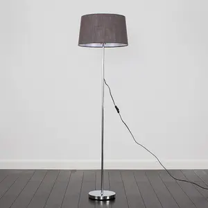 ValueLights Standard Floor Lamp In Polished Chrome Finish With Dark Grey Tapered Shade - Complete With 6w LED Bulb In Warm White