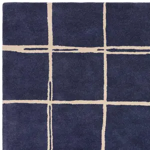 Blue Chequered Wool Modern Shaggy Handmade Rug For Living Room Bedroom & Dining Room-120cm X 170cm