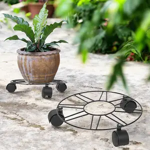 URBNLIVING 25cm Diameter Black Metal Flower Plant Pot Trolley Roller with 3 Casters Wheels Outdoor Rack