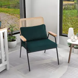 Green Frosted Velvet Effect Armchair Rattan Back Metal Frame Arm Chair with Metal Legs