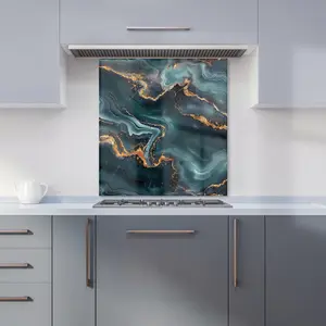 Gold, Blue Marble Effect Premium Glass Kitchen Splashback W600mm x H750mm