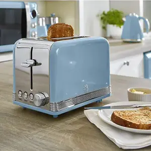 Swan Retro Blue Kettle and 2 Slice Toaster Set