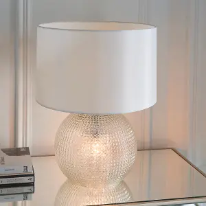 Lucia Clear Textured Glass with Vintage White Faux Silk Shade Modern Classic 2 Light Table Light