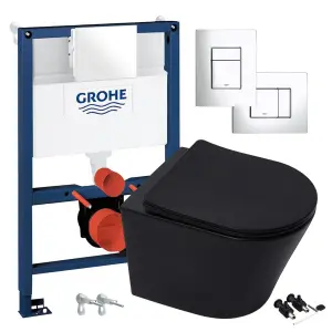 Matt Black Hidden Fixation Rimless Wall Hung Toilet Pan & GROHE 0.82m Concealed WC Cistern Frame